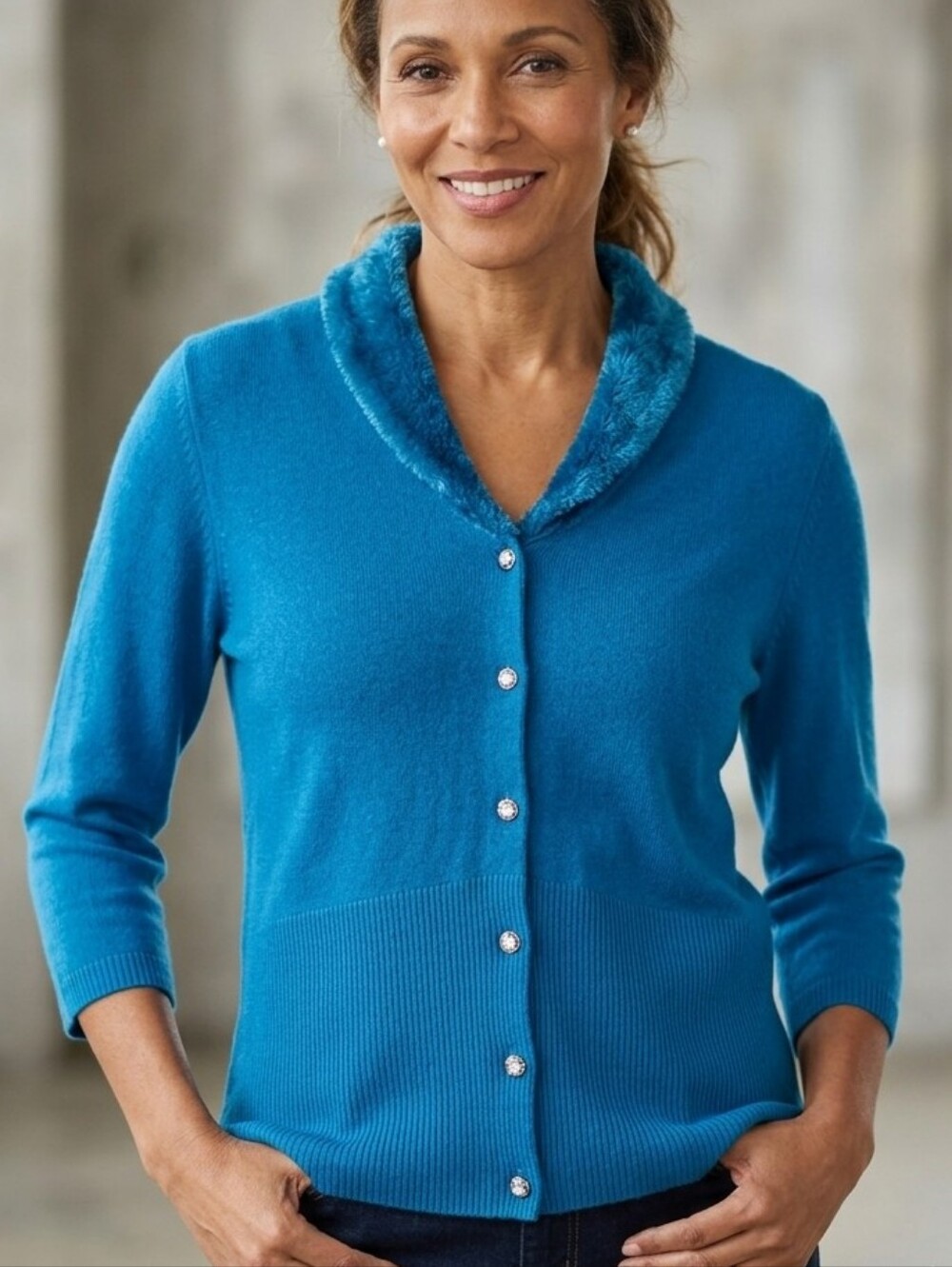 NWT Catherine Stewart Silk Wool Blend Teal Fur Collar Cardigan L